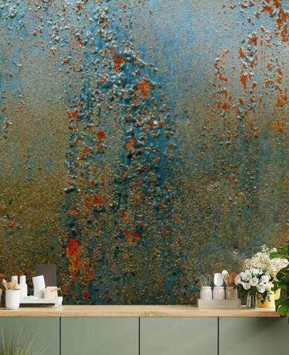blue, brown and orange rust effect wallpaper mural called Patina for kitchens, bathrooms and living rooms
