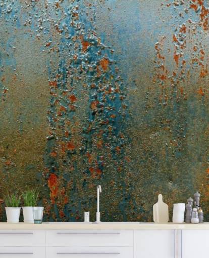 blauwe, bruine en oranje behangmuurschildering met roesteffect genaamd Patina voor keukens, badkamers en woonkamers