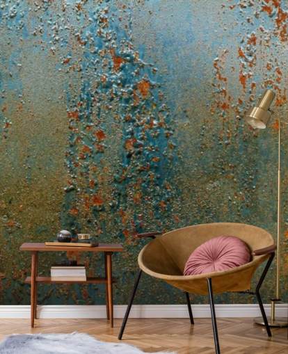 mural de papel pintado con efecto óxido azul, marrón y naranja llamado Patina para cocinas, baños y salas de estar