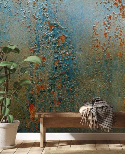 blue, brown and orange rust effect wallpaper mural called Patina for kitchens, bathrooms and living rooms