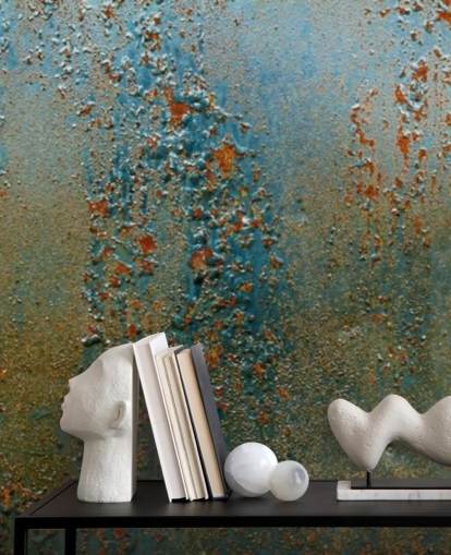 mural de papel pintado con efecto óxido azul, marrón y naranja llamado Patina para cocinas, baños y salas de estar
