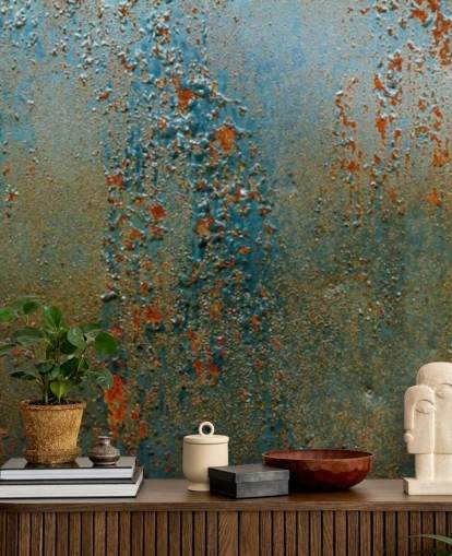 papier peint mural à effet rouille bleu, marron et orange appelé Patina pour les cuisines, les salles de bain et les salons