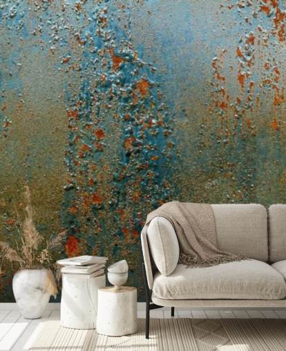 blue, brown and orange rust effect wallpaper mural called Patina for kitchens, bathrooms and living rooms