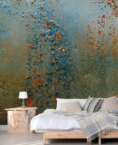 mural de papel pintado con efecto óxido azul, marrón y naranja llamado Patina para cocinas, baños y salas de estar
