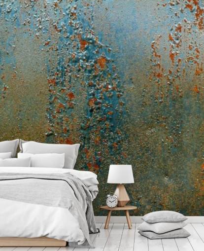 mural de papel pintado con efecto óxido azul, marrón y naranja llamado Patina para cocinas, baños y salas de estar