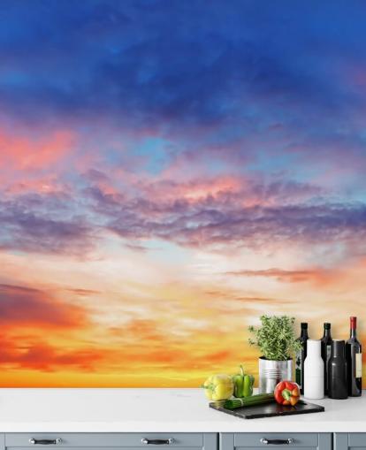 Blauer und orangefarbener leidenschaftlicher Sonnenuntergang Wandgemälde