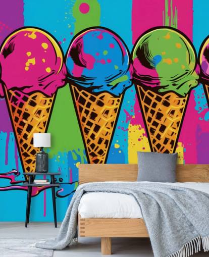 farverigt neon is tapet kaldet Pop Art Ice Cream Cones til caféer, restauranter og børns soveværelser