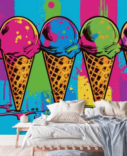 kleurrijk neonijsbehang genaamd Pop Art Ice Cream Cones voor cafés, restaurants en kinderkamers