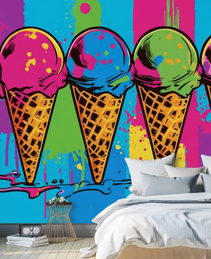 carta da parati colorata al neon per gelato chiamata Pop Art Ice Cream Cones per bar, ristoranti e camerette per bambini