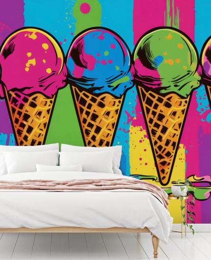 colorful neon ice cream wallpaper called Pop Art Ice Cream Cones for cafes, restaurants and children's bedrooms