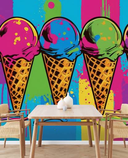 colorido papel pintado de neón para helados llamado Pop Art Ice Cream Cones para cafeterías, restaurantes y dormitorios infantiles colorido papel pintado de neón para helados llamado Pop Art Ice Cream Cones para cafeterías, restaurantes y dormitorios infantiles