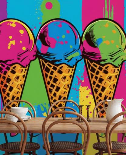 papel de parede colorido de sorvete de néon chamado Pop Art Ice Cream Cones para cafés, restaurantes e quartos infantis papel de parede colorido de sorvete de néon chamado Pop Art Ice Cream Cones para cafés, restaurantes e quartos infantis