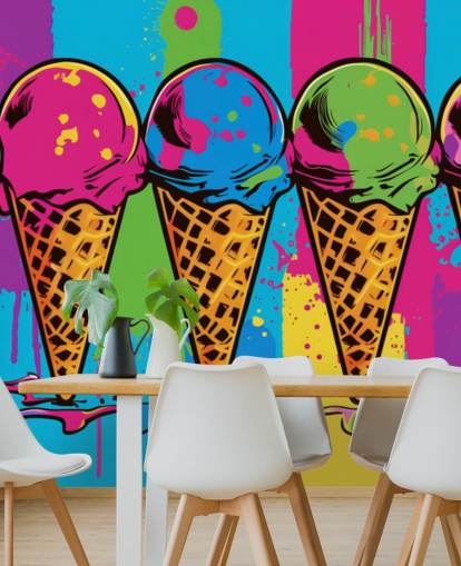 colourful neon ice cream wallpaper called Pop Art Ice Cream Cones for cafes, restaurants and children's bedrooms colourful neon ice cream wallpaper called Pop Art Ice Cream Cones for cafes, restaurants and children's bedrooms