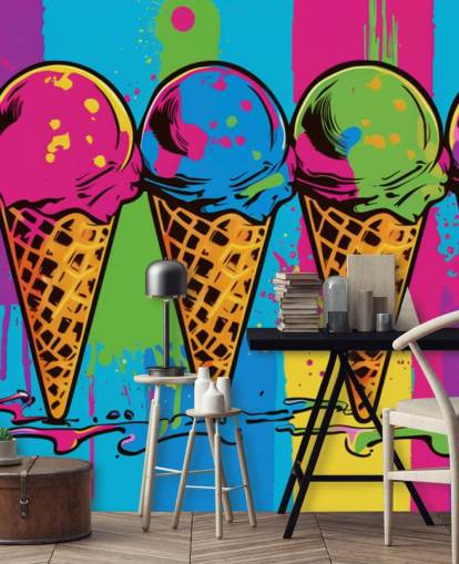 colourful neon ice cream wallpaper called Pop Art Ice Cream Cones for cafes, restaurants and children's bedrooms