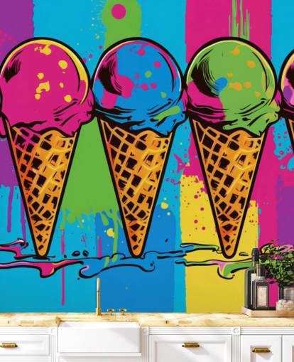 kleurrijk neonijsbehang genaamd Pop Art Ice Cream Cones voor cafés, restaurants en kinderkamers