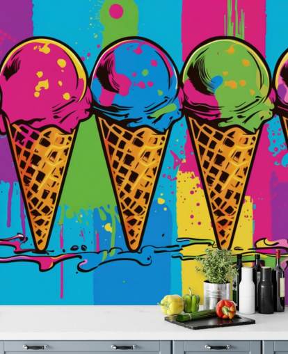 farbenfrohe Neon-Eiscreme-Tapete namens Pop Art Ice Cream Cones für Cafés, Restaurants und Kinderzimmer farbenfrohe Neon-Eiscreme-Tapete namens Pop Art Ice Cream Cones für Cafés, Restaurants und Kinderzimmer