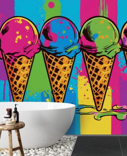 kleurrijk neonijsbehang genaamd Pop Art Ice Cream Cones voor cafés, restaurants en kinderkamers