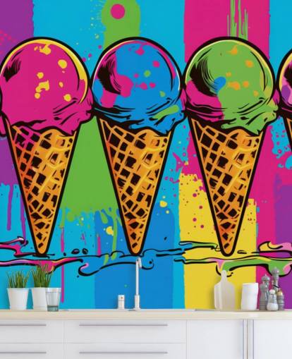 carta da parati colorata al neon per gelato chiamata Pop Art Ice Cream Cones per bar, ristoranti e camerette per bambini