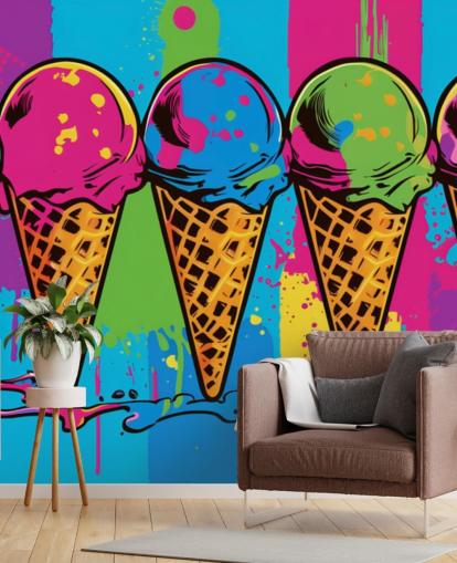 colorful neon ice cream wallpaper called Pop Art Ice Cream Cones for cafes, restaurants and children's bedrooms