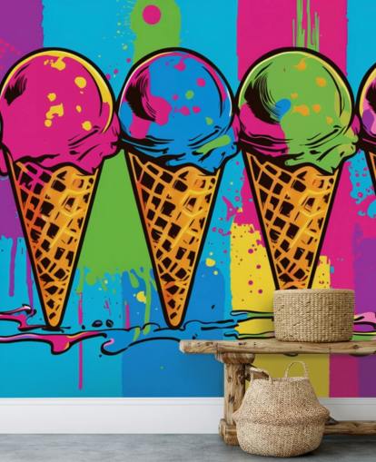 kleurrijk neonijsbehang genaamd Pop Art Ice Cream Cones voor cafés, restaurants en kinderkamers kleurrijk neonijsbehang genaamd Pop Art Ice Cream Cones voor cafés, restaurants en kinderkamers