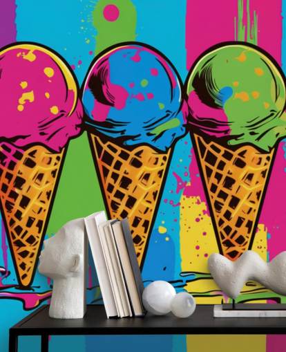farbenfrohe Neon-Eiscreme-Tapete namens Pop Art Ice Cream Cones für Cafés, Restaurants und Kinderzimmer farbenfrohe Neon-Eiscreme-Tapete namens Pop Art Ice Cream Cones für Cafés, Restaurants und Kinderzimmer