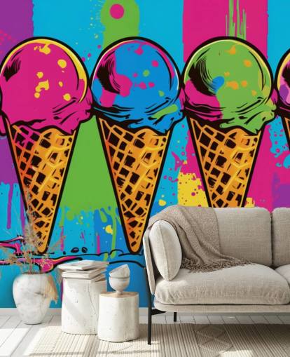 colourful neon ice cream wallpaper called Pop Art Ice Cream Cones for cafes, restaurants and children's bedrooms colourful neon ice cream wallpaper called Pop Art Ice Cream Cones for cafes, restaurants and children's bedrooms