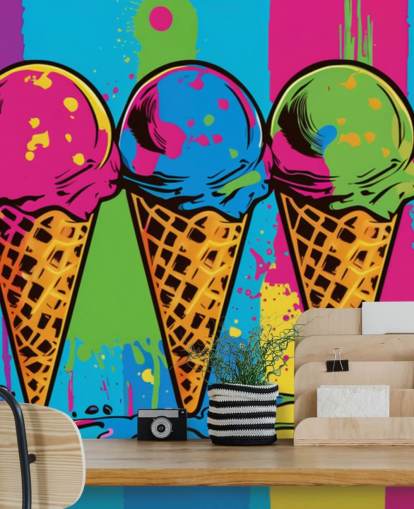 carta da parati colorata al neon per gelato chiamata Pop Art Ice Cream Cones per bar, ristoranti e camerette per bambini
