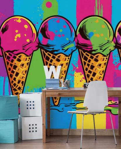 papel de parede colorido de sorvete de néon chamado Pop Art Ice Cream Cones para cafés, restaurantes e quartos infantis