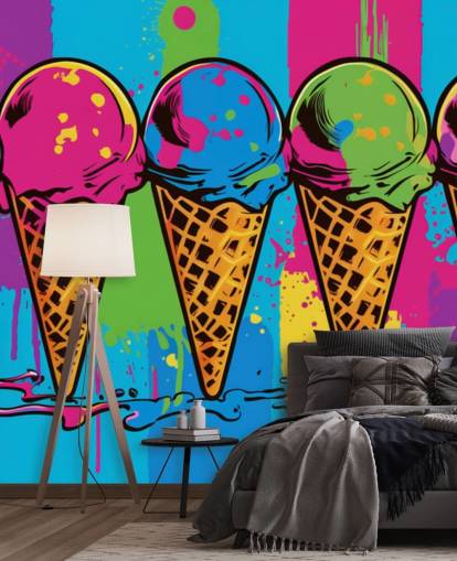 papier peint coloré de crème glacée au néon appelé Pop Art Ice Cream Cornes pour les cafés, les restaurants et les chambres d'enfants