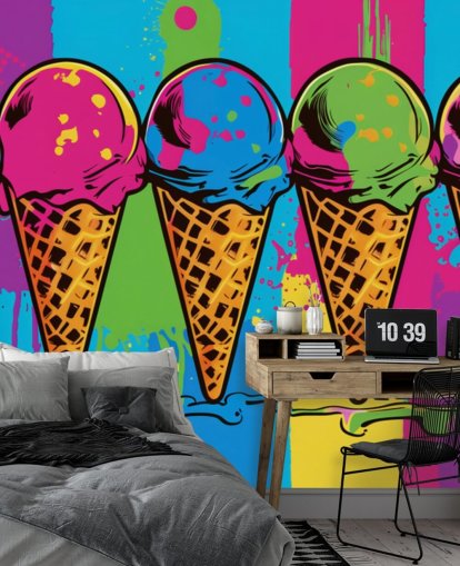 papel de parede colorido de sorvete de néon chamado Pop Art Ice Cream Cones para cafés, restaurantes e quartos infantis papel de parede colorido de sorvete de néon chamado Pop Art Ice Cream Cones para cafés, restaurantes e quartos infantis