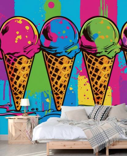 farbenfrohe Neon-Eiscreme-Tapete namens Pop Art Ice Cream Cones für Cafés, Restaurants und Kinderzimmer