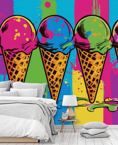 papel de parede colorido de sorvete de néon chamado Pop Art Ice Cream Cones para cafés, restaurantes e quartos infantis papel de parede colorido de sorvete de néon chamado Pop Art Ice Cream Cones para cafés, restaurantes e quartos infantis