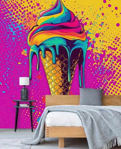 lyst pop art madtapet vægmaleri kaldet Neon Ice Cream til restauranter, caféer og børns soveværelser
