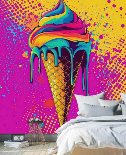 mural brillante de papel pintado de comida pop art llamado Neon Ice Cream para restaurantes, cafeterías y dormitorios de niños