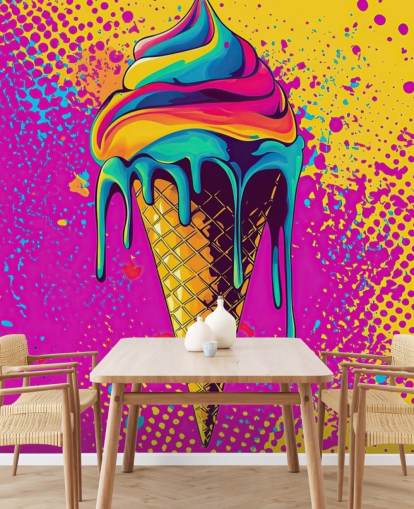 brillante carta da parati pop art a tema alimentare chiamato Neon Ice Cream per ristoranti, caffetterie e camerette per bambini