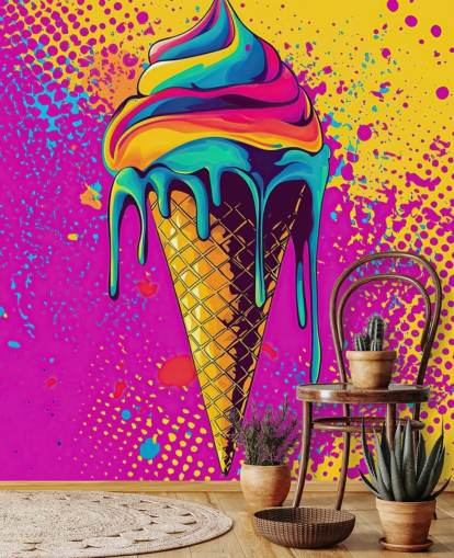 mural brillante de papel pintado de comida pop art llamado Neon Ice Cream para restaurantes, cafeterías y dormitorios de niños mural brillante de papel pintado de comida pop art llamado Neon Ice Cream para restaurantes, cafeterías y dormitorios de niños