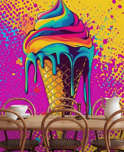 mural brillante de papel pintado de comida pop art llamado Neon Ice Cream para restaurantes, cafeterías y dormitorios de niños