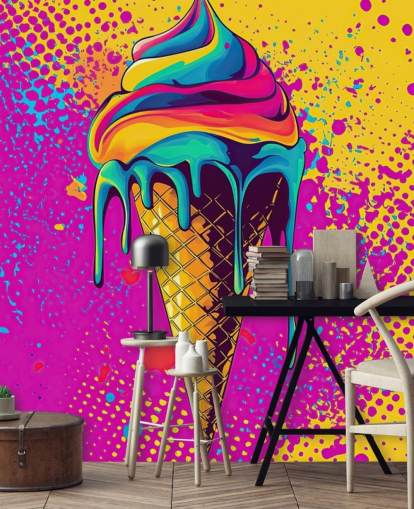 mural brillante de papel pintado de comida pop art llamado Neon Ice Cream para restaurantes, cafeterías y dormitorios de niños