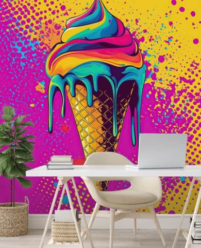 heldere pop-art food behangmuurschildering genaamd Neon Ice Cream voor restaurants, cafés en kinderkamers