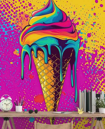 heldere pop-art food behangmuurschildering genaamd Neon Ice Cream voor restaurants, cafés en kinderkamers