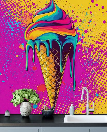 kirkas pop-art -ruokataustakuva seinämaalaus nimeltä Neon Ice Cream ravintoloihin, kahviloihin ja lasten makuuhuoneisiin kirkas pop-art -ruokataustakuva seinämaalaus nimeltä Neon Ice Cream ravintoloihin, kahviloihin ja lasten makuuhuoneisiin