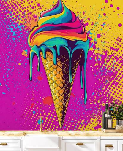 heldere pop-art food behangmuurschildering genaamd Neon Ice Cream voor restaurants, cafés en kinderkamers