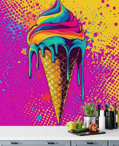 papier peint mural pop art lumineux appelé Neon Ice Cream pour restaurants, cafés et chambres d'enfants