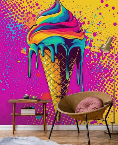 mural brillante de papel pintado de comida pop art llamado Neon Ice Cream para restaurantes, cafeterías y dormitorios de niños