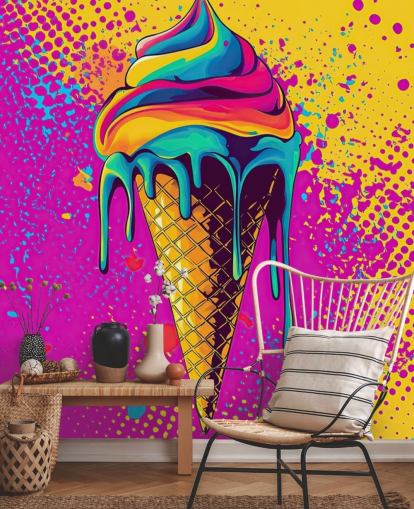 mural brillante de papel pintado de comida pop art llamado Neon Ice Cream para restaurantes, cafeterías y dormitorios de niños