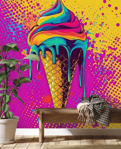 ljus popkonst mat tapetväggmålning kallad Neon Ice Cream för restauranger, kaféer och barnrum