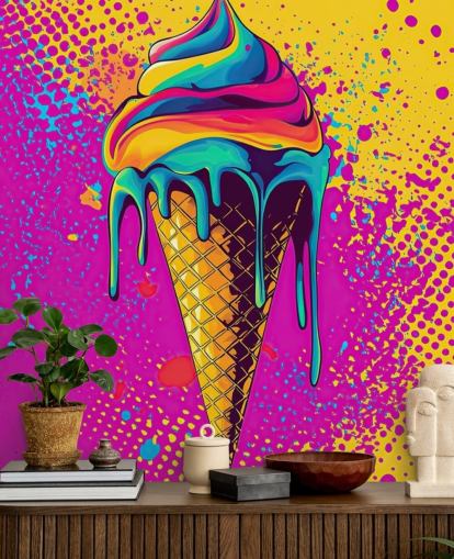 brillante carta da parati pop art a tema alimentare chiamato Neon Ice Cream per ristoranti, caffetterie e camerette per bambini brillante carta da parati pop art a tema alimentare chiamato Neon Ice Cream per ristoranti, caffetterie e camerette per bambini