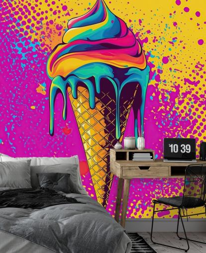 kirkas pop-art -ruokataustakuva seinämaalaus nimeltä Neon Ice Cream ravintoloihin, kahviloihin ja lasten makuuhuoneisiin