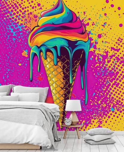 mural brillante de papel pintado de comida pop art llamado Neon Ice Cream para restaurantes, cafeterías y dormitorios de niños