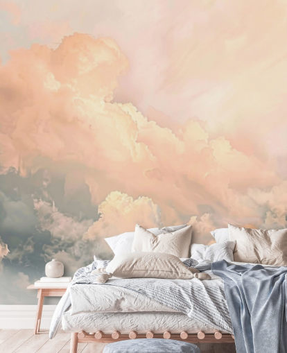 mural de papel pintado con forma de nube de melocotón llamado Abstract Peach Clouds para dormitorios, salas de estar y baños mural de papel pintado con forma de nube de melocotón llamado Abstract Peach Clouds para dormitorios, salas de estar y baños